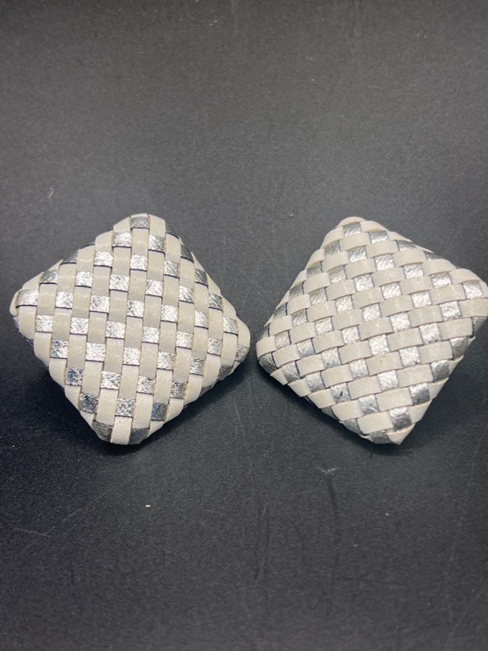 Vintage White and Silver Woven Square Clip-On Earrings